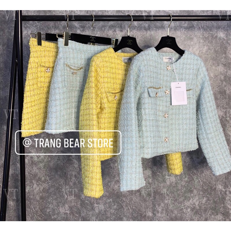 Set dạ tweed cao cấp gồm áo khoác và chân váy