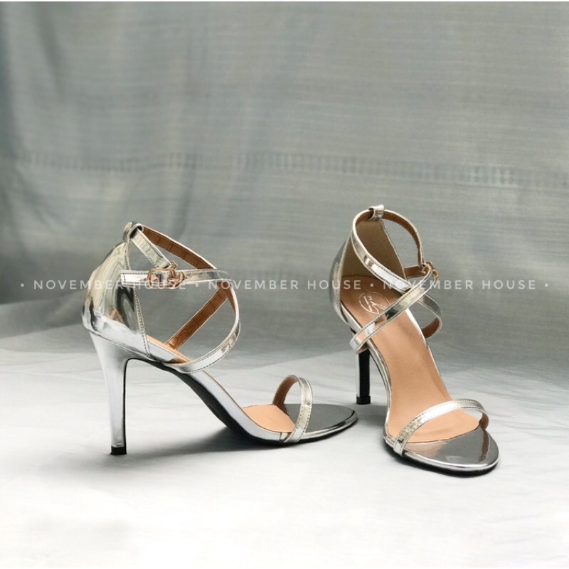 Giày sandal cao gót nữ da bóng kiểu dáng chéo dây mảnh gót nhọn bền đẹp ôm chân, SD49, November House