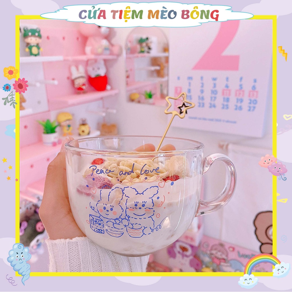 Ly / Cốc thủy tinh HOẠT HÌNH chịu nhiệt đựng đồ ngũ cốc ăn sáng tiện lợi