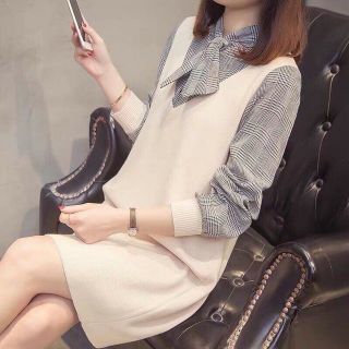 Váy suông phối tay sơ mi kẻ cổ nơ