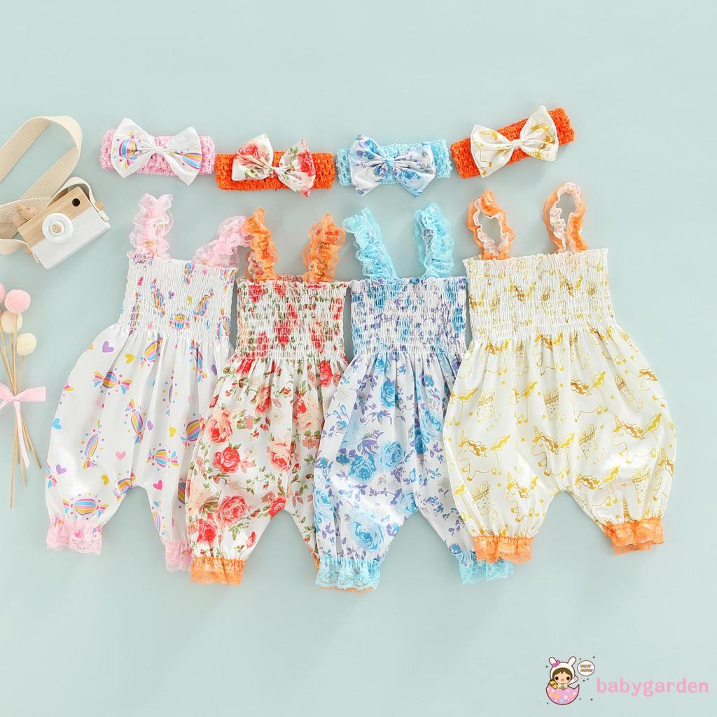 Bộ Áo Liền Quần Hai Dây Phối Ren Hoa Cho Bé Gái 0-18 Tháng Tuổi