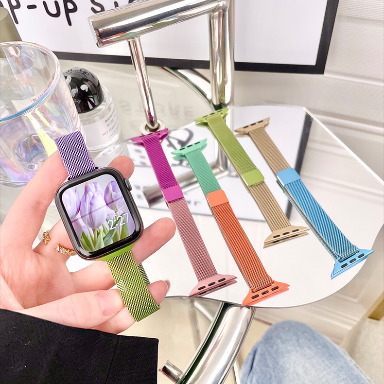 Dây Đeo Thay Thế Chất Liệu Thép Không Gỉ Màu Gradient Cho Smart Watch Series 7 5 4 3 6 SE 45mm 41mm 40mm 44mm