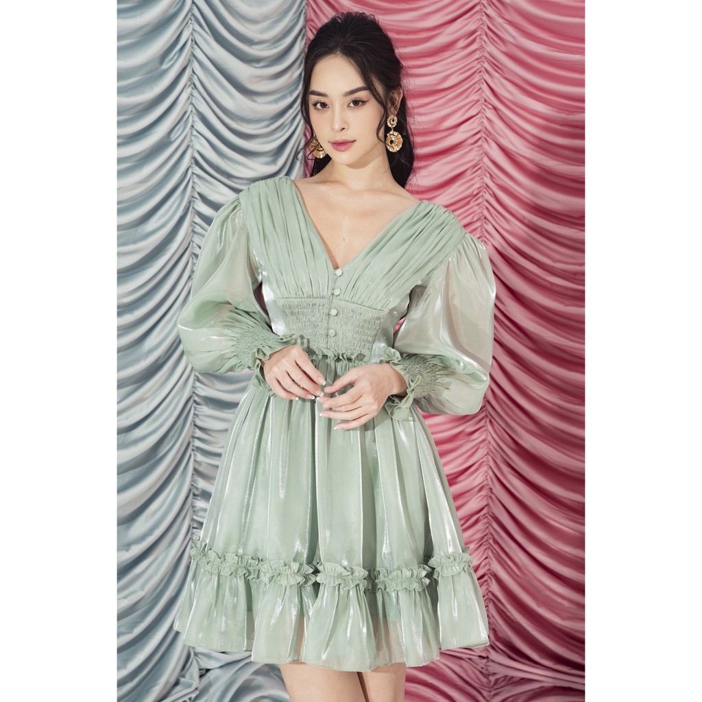 [Mã WABRWA15 giảm 15% đơn 300K] MOLLYNISTA- Đầm Emila organza xanh ngọc nhúm ngực tay dài | BigBuy360 - bigbuy360.vn