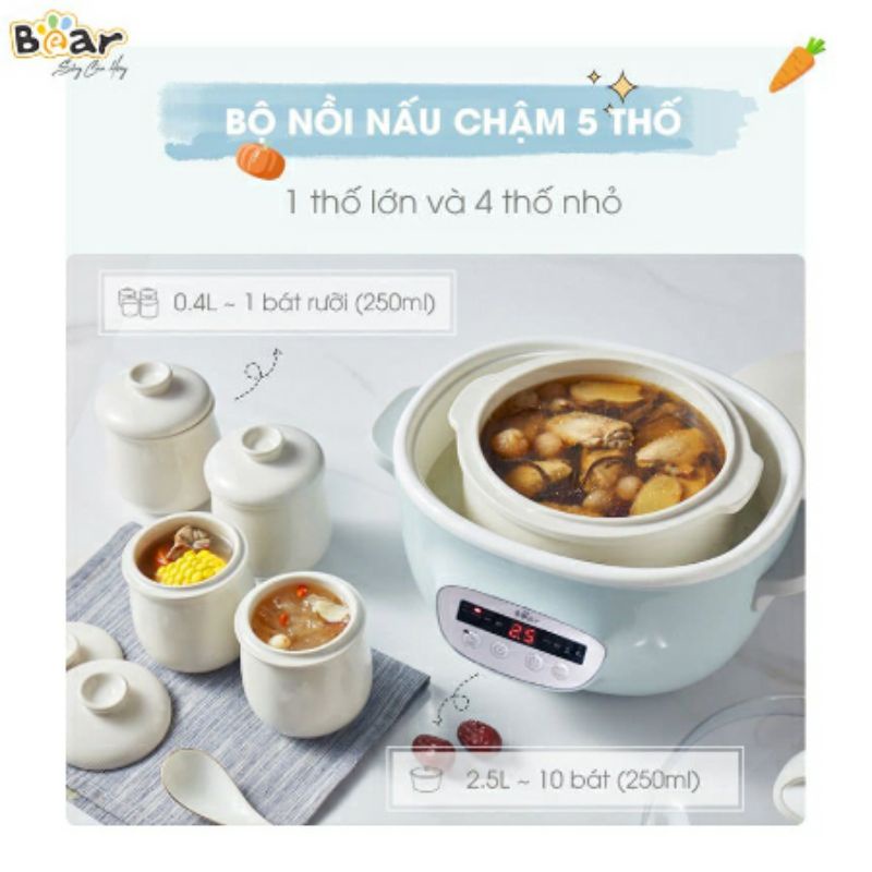 Bộ nồi nấu cháo chậm Bear 5 lõi 2.5L SUBE003 - mẫu nồi nấu chậm, hầm cháo chậm cho bé, hầm thức ăn giá trị dinh dưỡng ca