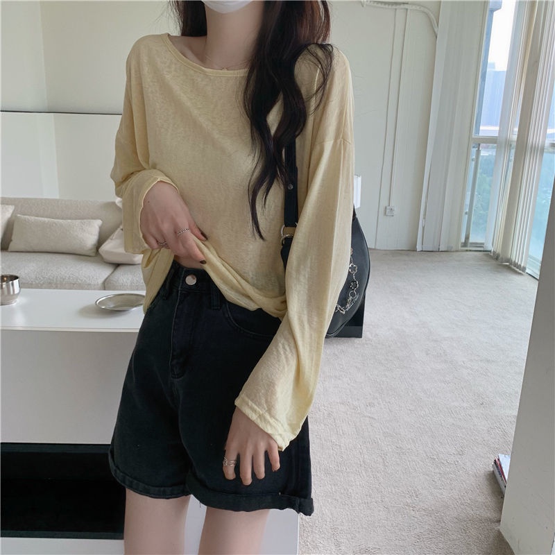 Áo Thun Dài Tay Cổ Tròn Vải Mỏng Màu Trơn Thời Trang Mùa Hè