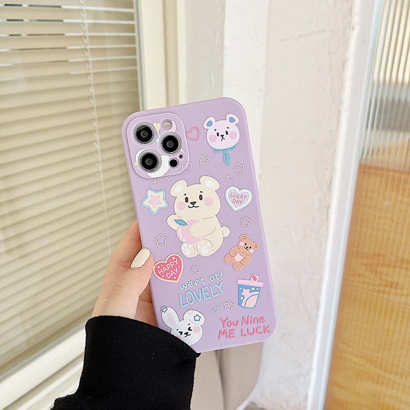 The new cute bear protective cover is suitable for Apple 12 mobile phone case, for female iPhone 11ProMax straight edge Rubik's Cube soft case XR6S78Plus SE anti-collision and anti-drop case