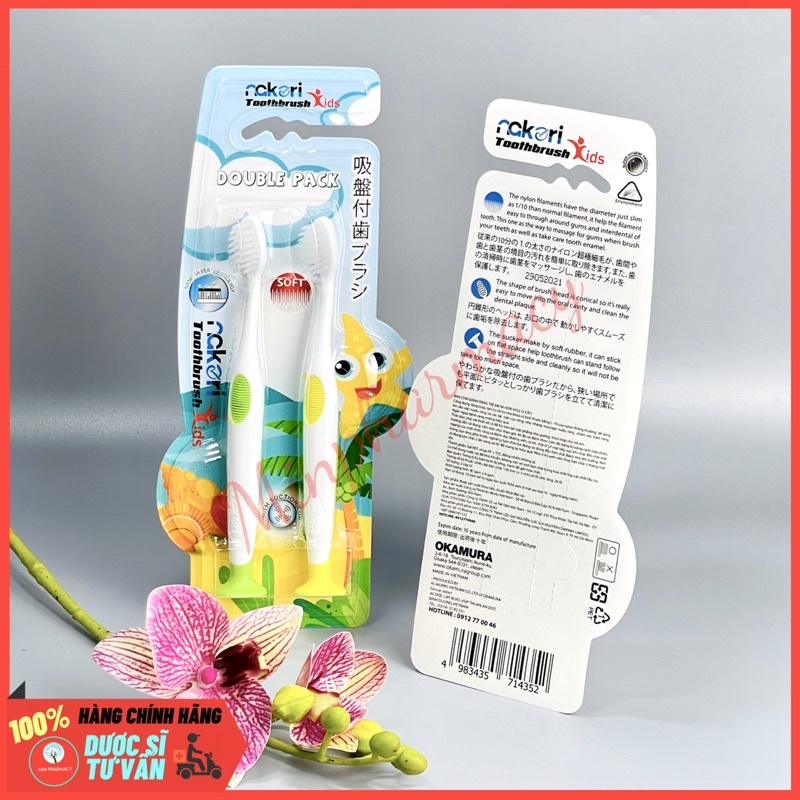 Bàn chải đánh răng NAKORI Okamura cho trẻ em (lông mềm mại, đế hít) Toothbrush kids - Set 2 cây - Minpharmacy