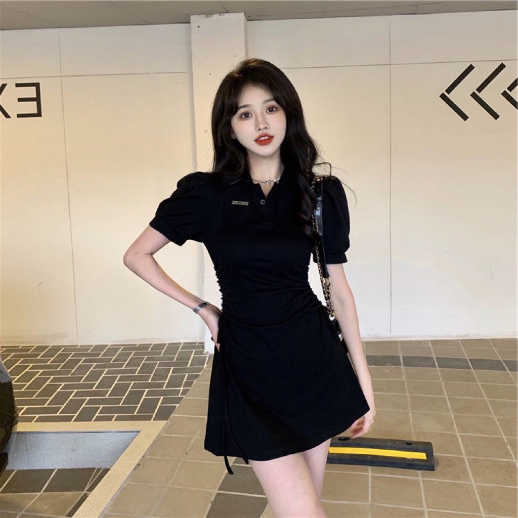 Porozi  Đầm tay ngắn  cổ bẻ chiết eo phong cách Hàn Quốc xinh xắn cho nữ