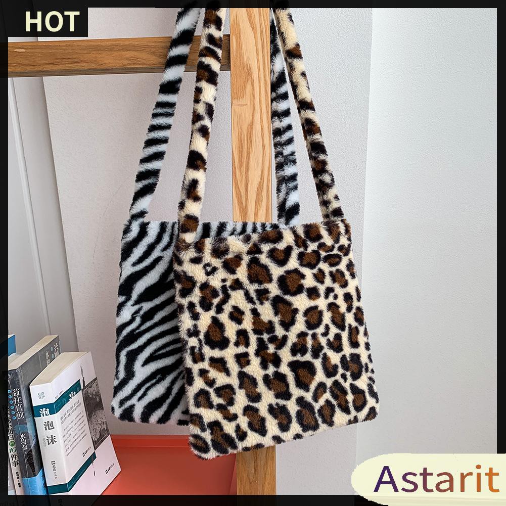 Fashion Women Shoulder Tote Autumn Plush Animal Printed Crossbody Bag Trunk