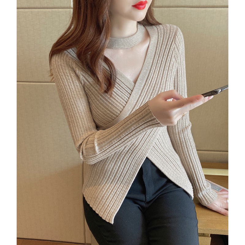 Áo Len Dài Tay Cổ Chữ v Thiết Kế Không Đồng Đều Mới Thời Trang Dành Cho Nữ