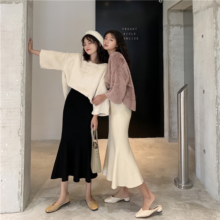 ┋▫Phong cách Hàn Quốc thời trang nữ mùa đông thu eo cao ôm dệt kim đuôi cá Váy maxi