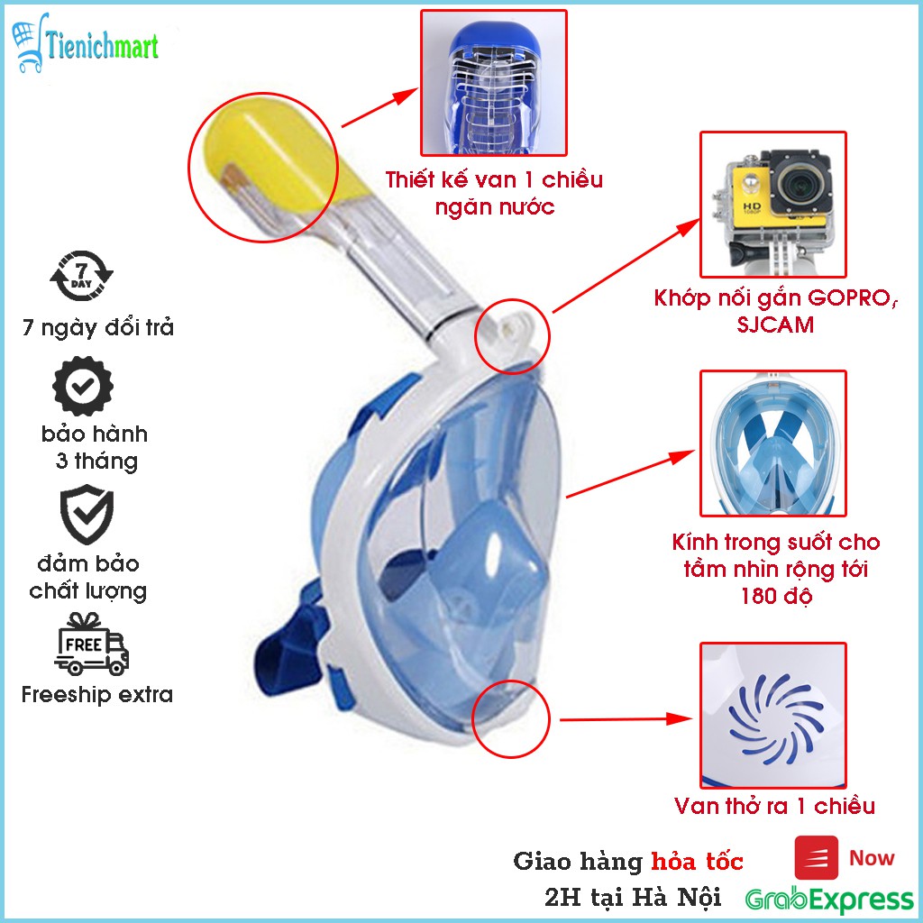 Mặt nạ lặn kính lặn biển Fullface gắn ống thở góc nhìn 180 độ, gắn được camera hành trình ngắm san hô cực đỉnh