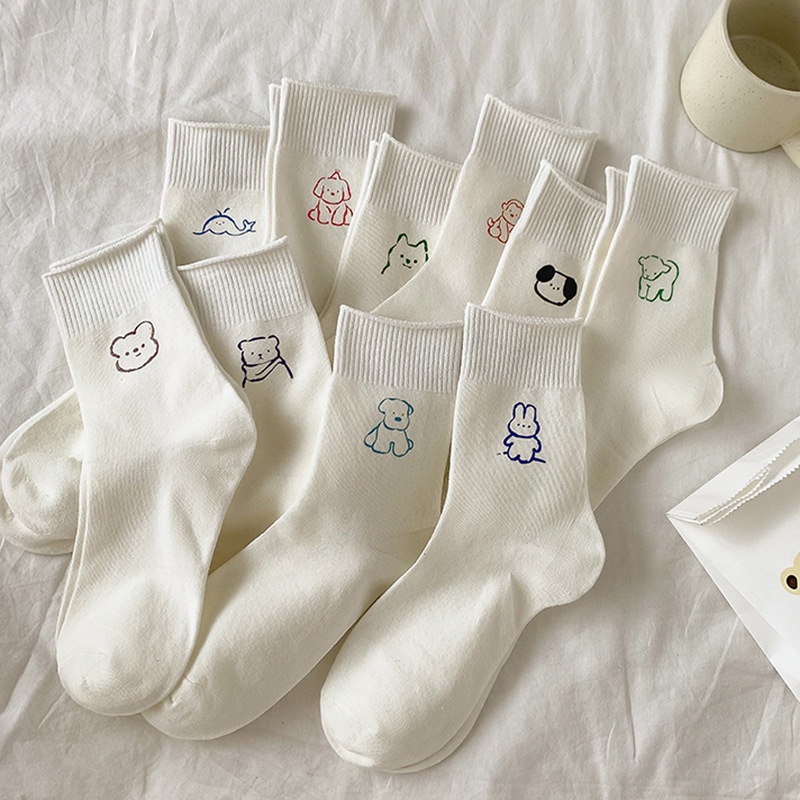 Vớ tất kem trơn xoăn in hình cún cute cổ cao