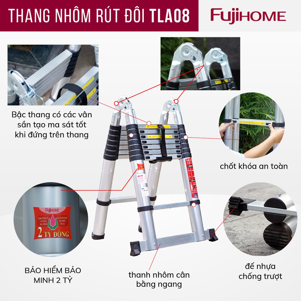 Thang nhôm rút chữ A Nhập Khẩu Nhật Bản 4,4m - 5m gấp gọn Fujihome chính hãng, thang rút đôi xếp gọn telescoping ladder