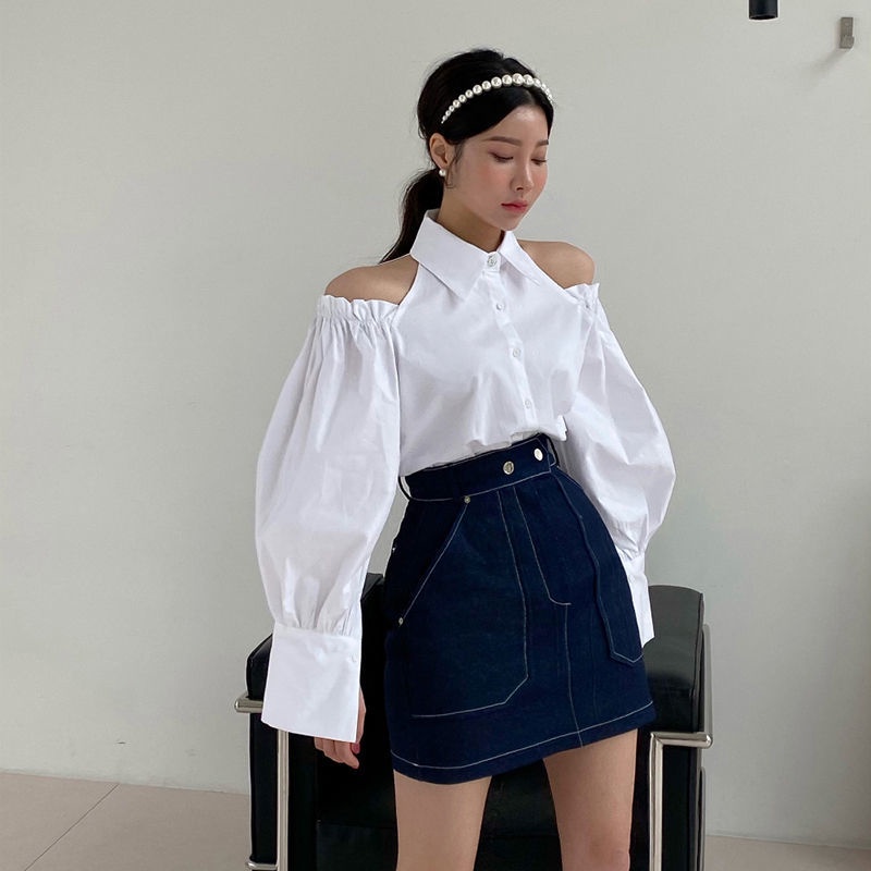 Áo Sơ Mi Trắng Tay Dài Phồng Trễ Vai Phong Cách Mới Dành Cho Nữ