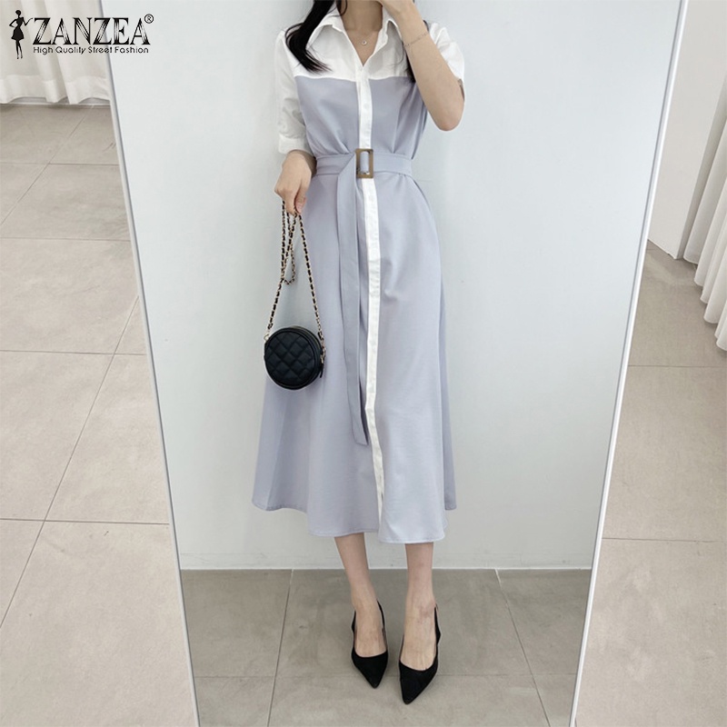 Đầm dài ZANZEA tay ngắn màu sắc tương phản phong cách Hàn Quốc thời trang cho nữ