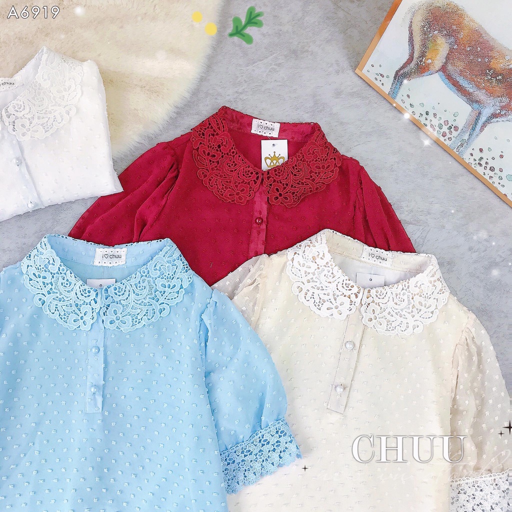 Áo sơ mi bông tuyết cổ ren cánh sen tay ngắn CHUU A6919