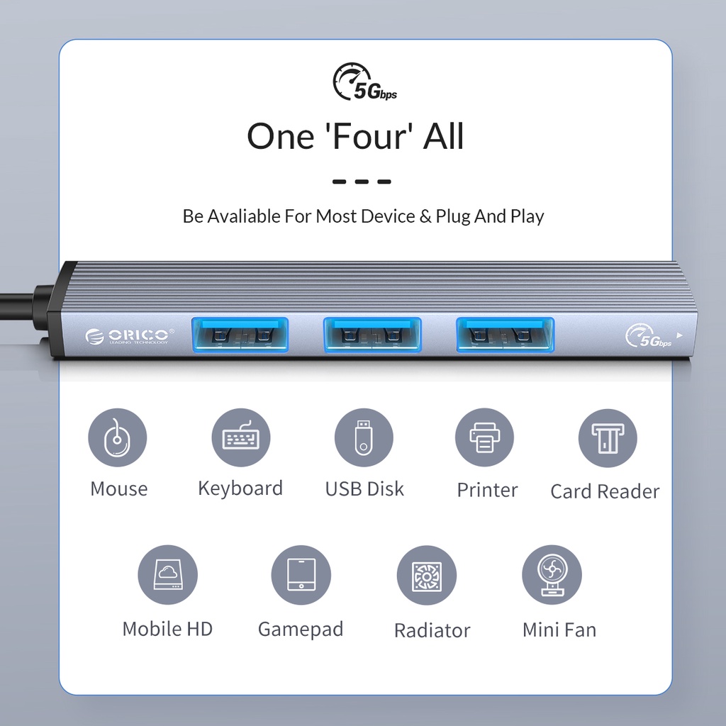 Bộ Chia USB Orico Type C ra 4 cổng USB 3.0 &amp; USB 2.0 AH-13-GY-BP - Hàng Chính Hãng
