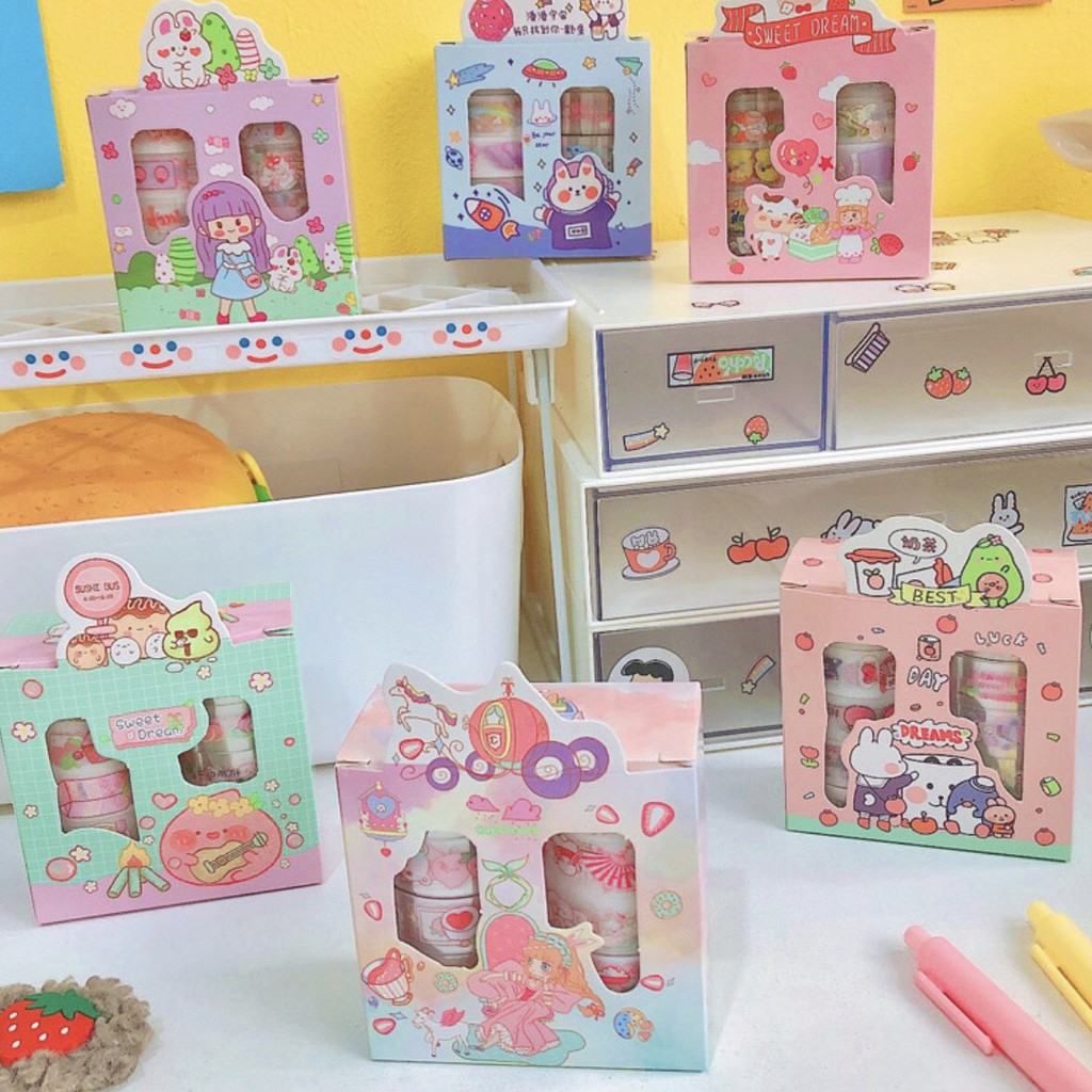 Hộp Washi Tape Cute Băng Dán Trang Trí Xinh Nhiều Họa Tiết Dễ Thương Loại 8 Cuộn Bóng Và Nhũ Kim Tuyến