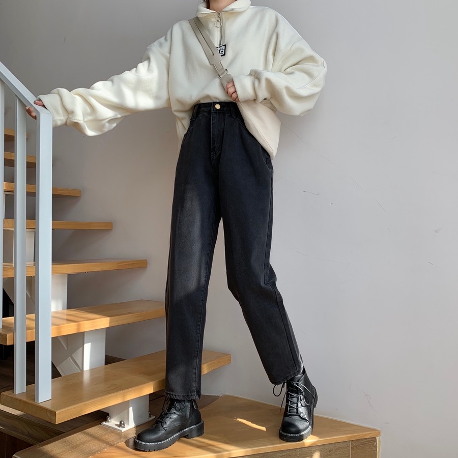 DUNEA Quần Denim Eo Cao Dáng Rộng Thời Trang L0329