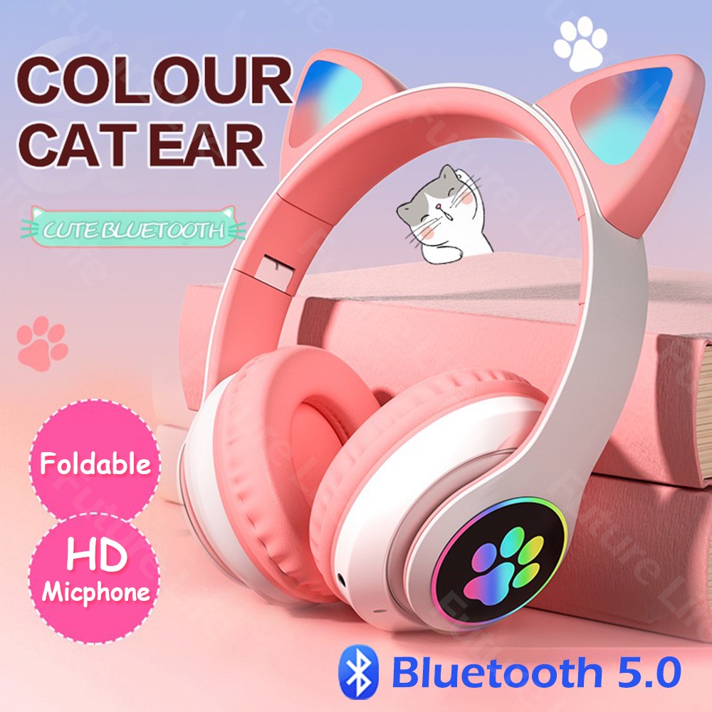 Tai Nghe Bluetooth 5.0 Hifi Bass Trầm Không Dây Hình Tai Mèo Có Đèn Led Giảm Tiếng Ồn Tai Nghe