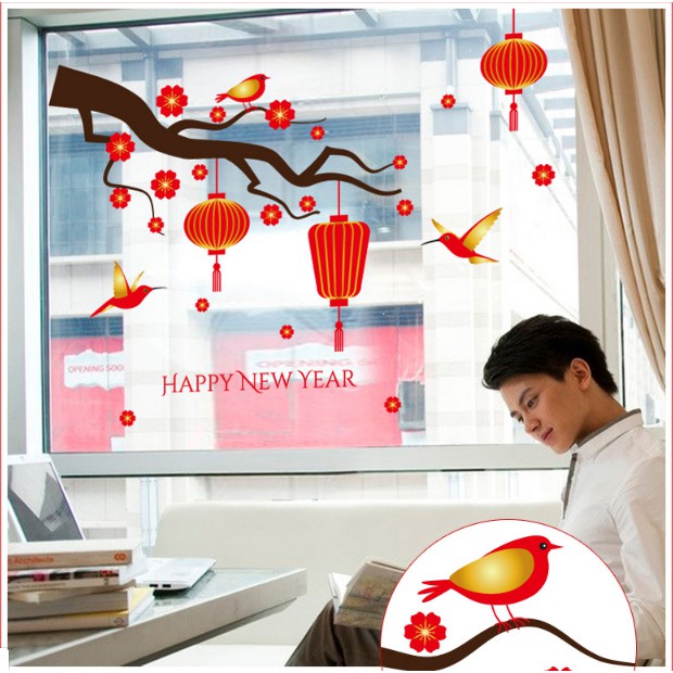 Decal trang trí Tết - Cành Mai Đỏ cùng Chim và lồng đèn đỏ