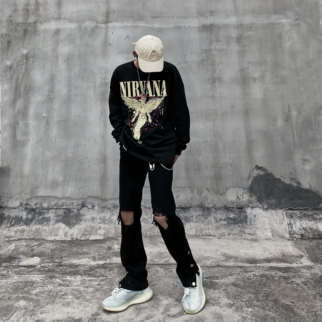 Quần jean dài dáng ôm xẻ tà phối rách phong cách retro đường phố cá tính dành cho nam