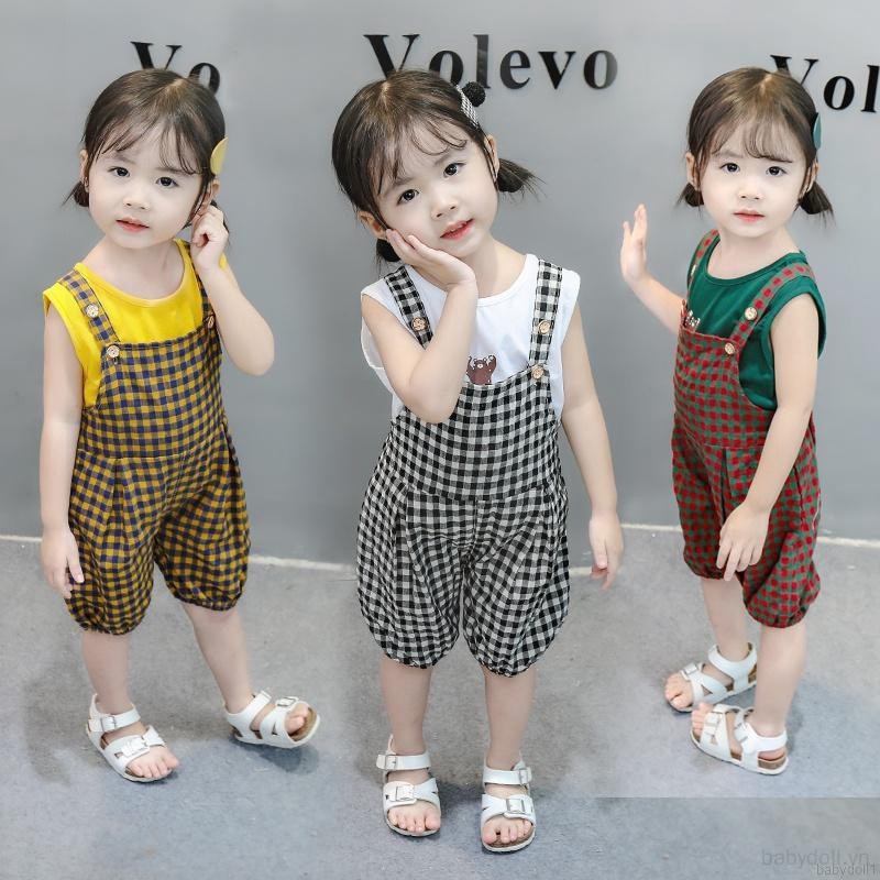 Set Áo Sát Nách In Họa Tiết Hoạt Hình Và Quần Short Yếm Cho Bé Gái