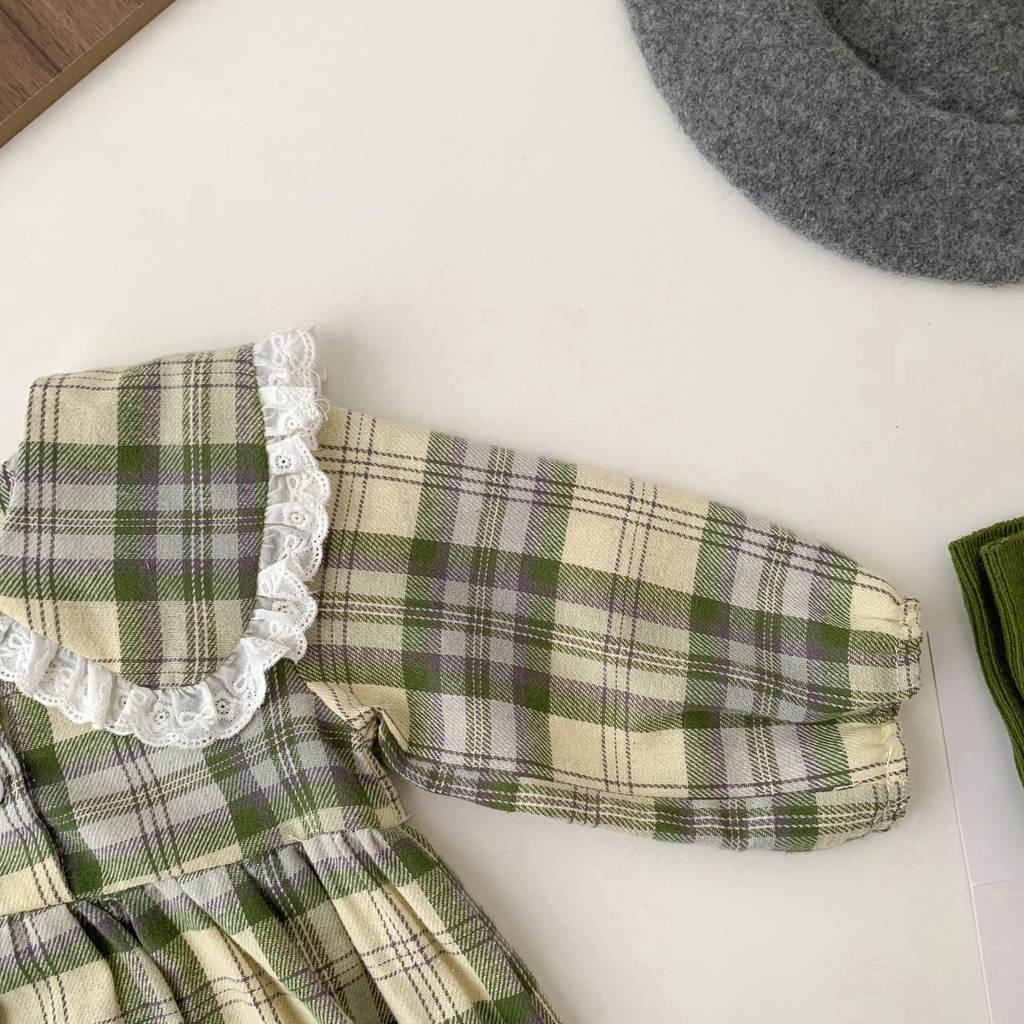 Bộ áo liền quần tay dài họa tiết caro thời trang mùa thu cho bé gái