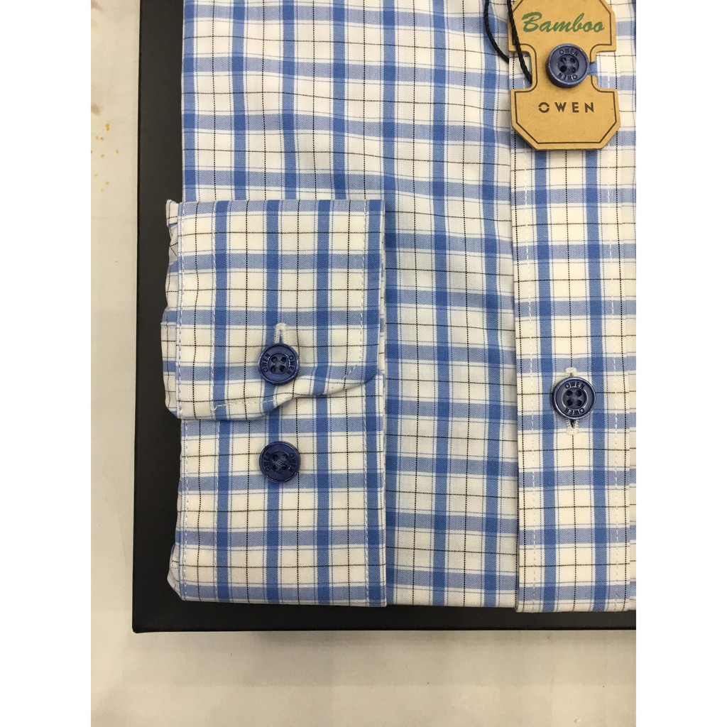 Áo Sơ Mi Nam Dài Tay Owen AR22245DT Somi Công Sở Cao Cấp Màu Trắng Caro Xanh Blue Chất Sợi Tre Mềm Mát Dáng Suông Có Túi