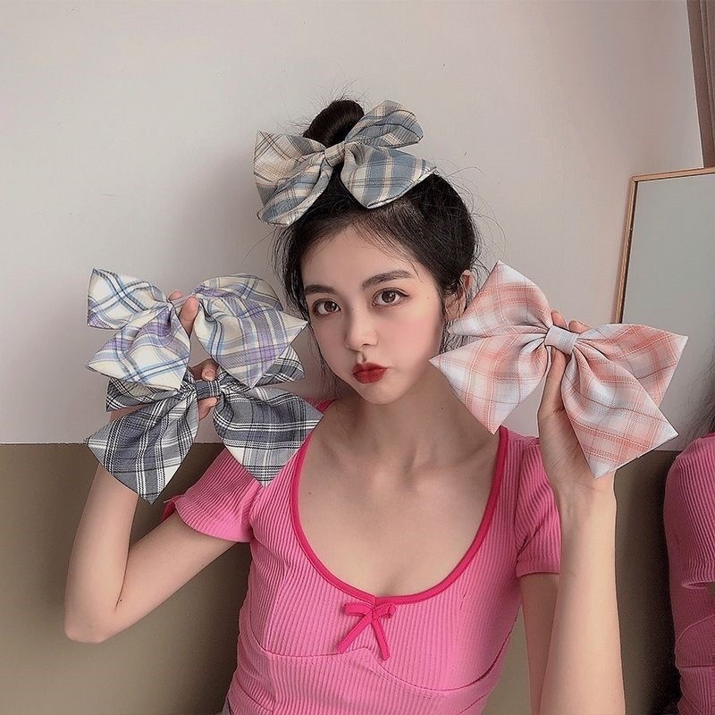 Kẹp Tóc Nơ Cỡ Lớn In Họa Tiết Kẻ Ô Thời Trang Cổ Điển Cho Nữ