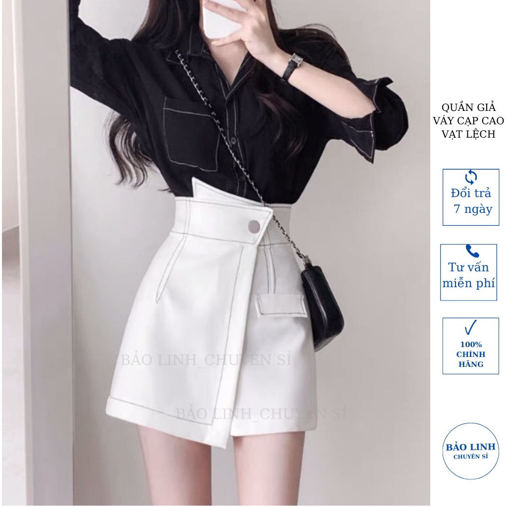 Quần giả váy chữ A ngắn viền chỉ nổi, cạp cao vạt lệch thời trang nữ phong cách