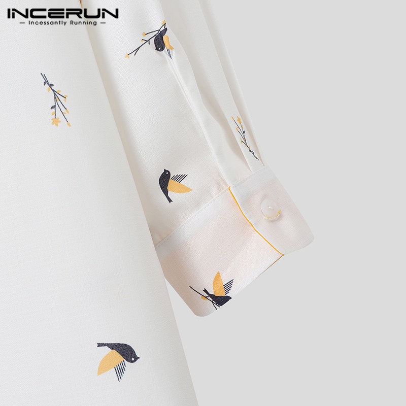 INCERUN Áo Sơ Mi Tay Dài In Họa Tiết Chim Cổ Điển Thời Trang Cho Nam