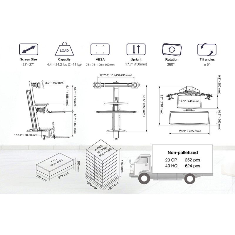 GIÁ TREO 2 MÀN HÌNH MÁY TÍNH KẸP BÀN BÀN NB - L100 [ Phù Hợp 2 MH 22&quot; - 27&quot; ] - Hàng Chính Hãng