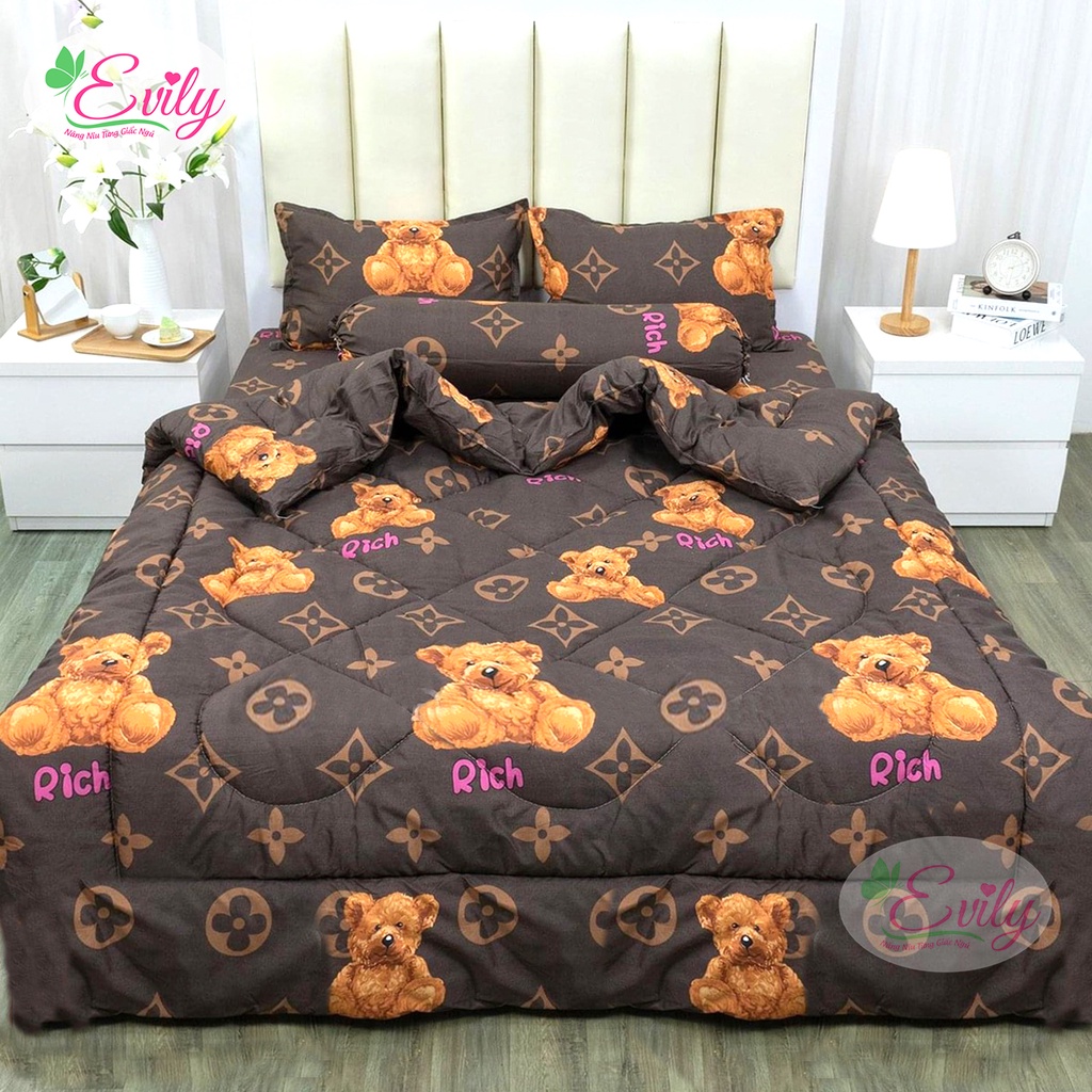 Bộ Mền Phao/Chăn Trần Bông Gòn Kèm Ga Gối (4 Món) Đủ Cỡ M2/M6/M8/2M2 mẫu GẤU NÂU