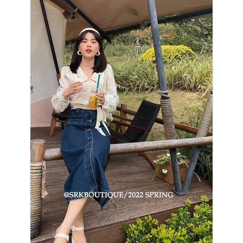 Chân Váy Denim Dáng Dài Lưng Cao Phong Cách Retro Mẫu Mới 2022 Thời Trang Mùa Xuân Cho Nữ