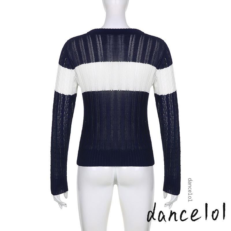 Áo Dệt Kim Nữ Tay Dài Cổ Chữ V Kẻ Sọc Ngang 1O1-y2k 2000s