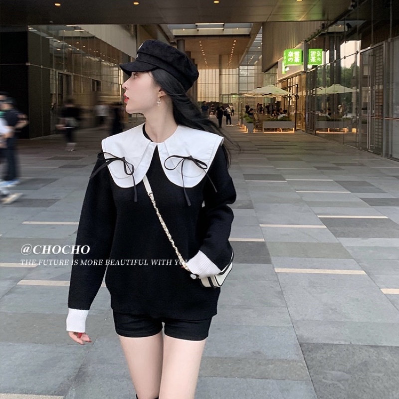 ÁO SWEATER ĐEN PHỐI NƠ BÈO CỔ BASIC PHONG CÁCH HÀN QUỐC L