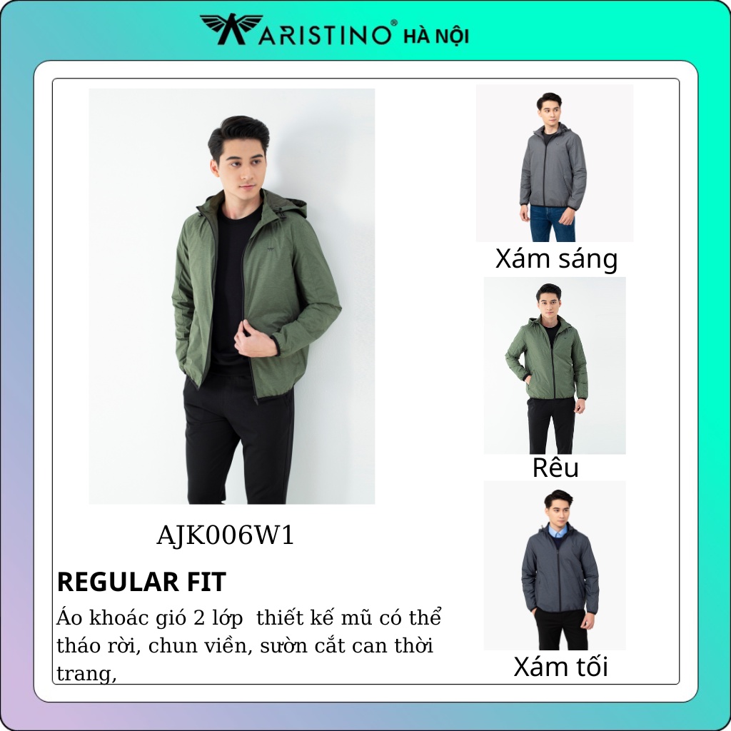 Áo khoác gió hai lớp ARISTINO mũ tháo rời chun viền AJK006W1