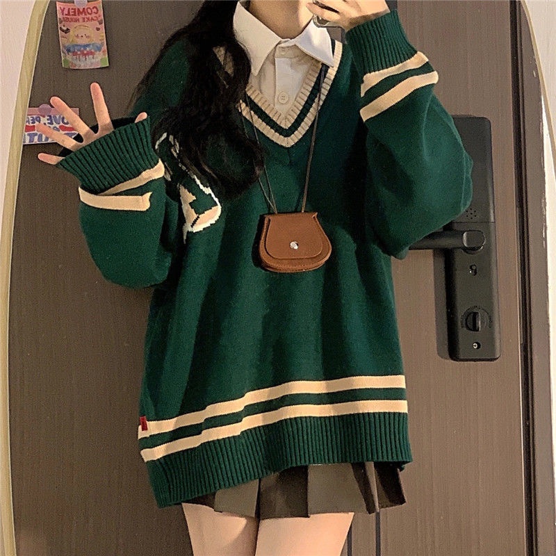 Áo sweater COZOKC dệt kim tay dài dáng rộng cổ chữ V phối màu tương phản phong cách Hàn Quốc