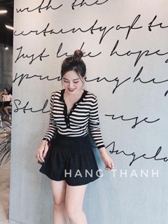 Áo len kẻ khuy kẻ đen trắng