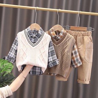 0-6 year old boy autumn and winter new long-sleeved lapel plaid shirt + vest + trousers 3-piece set