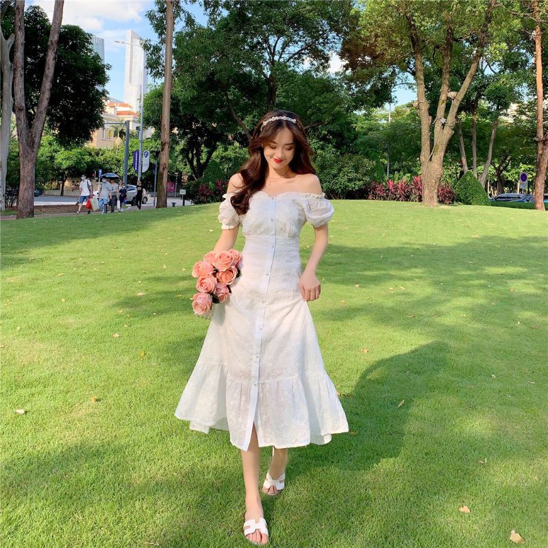 Đầm trễ vai trắng tiểu thư đuôi cá nữ tính Miu Dress
