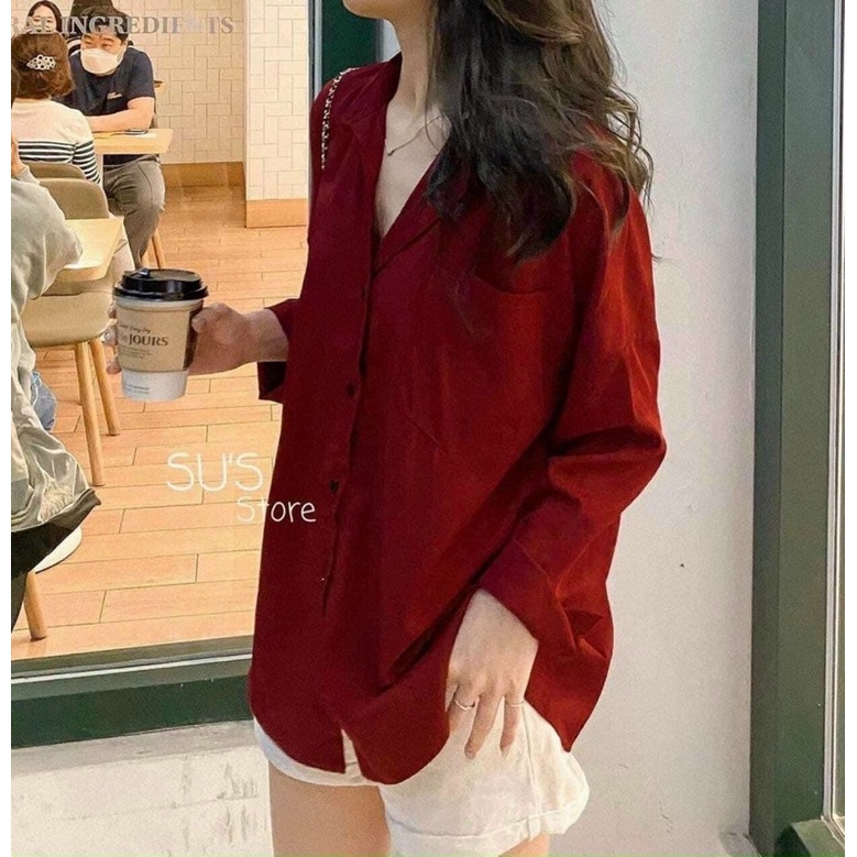 Áo sơ mi đỏ chất đũi lụa hot hit/ sơmi đỏ bassic cực xinh SM107