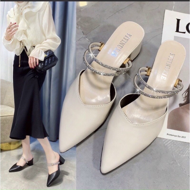 Guốc Sandal nữ dây kim tuyến mũi nhọn sang chảnh gót vuông to 5cm