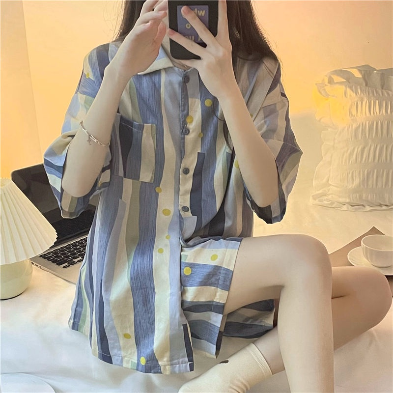 Bộ Đồ Ngủ Họa Tiết Kẻ Sọc Phong Cách Hàn Quốc Thời Trang Mùa Hè Cho Nữ
