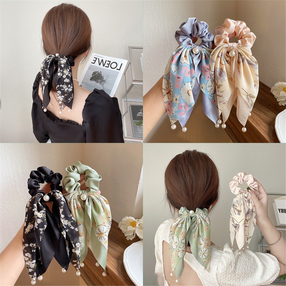 Dây Buộc Tóc Cao Su Bản Lớn In Họa Tiết Hoa Đính Ngọc Trai Sang Trọng Thời Trang Cho Nữ 2022