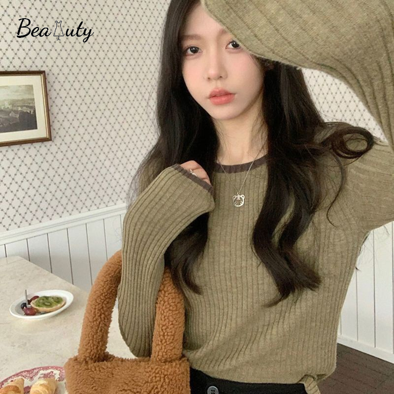 MURIOKI Áo Dệt Kim Tay Dài Dáng Ôm Phong Cách Hàn Quốc Tinh Tế Thời Trang Cho Nữ