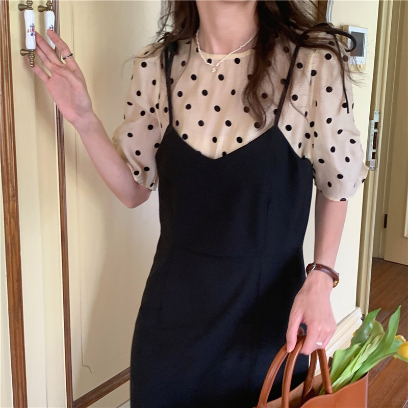 Đầm Ngắn Tay Giả Hai Lớp Trơn Màu Cổ Điển Dành Cho Nữ 43748