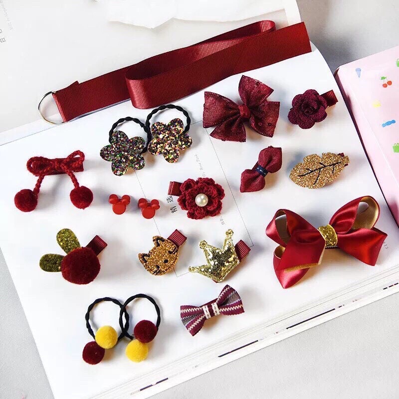 Hộp tóc 18 chi tiết cho bé gái, kẹp, cột, thắt đủ kiểu